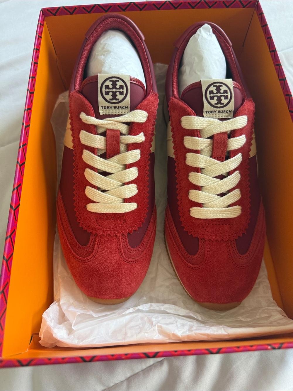 Tory Burch Red Suede Sneakers with Cream Laces